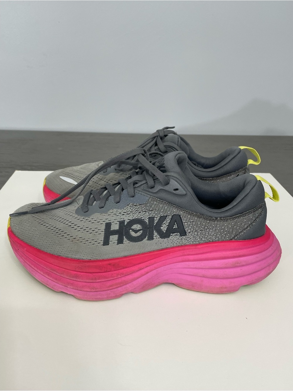 Hoka Women's Gray Running Shoes with Pink Gradient Midsole and Yellow Heel Tab 8